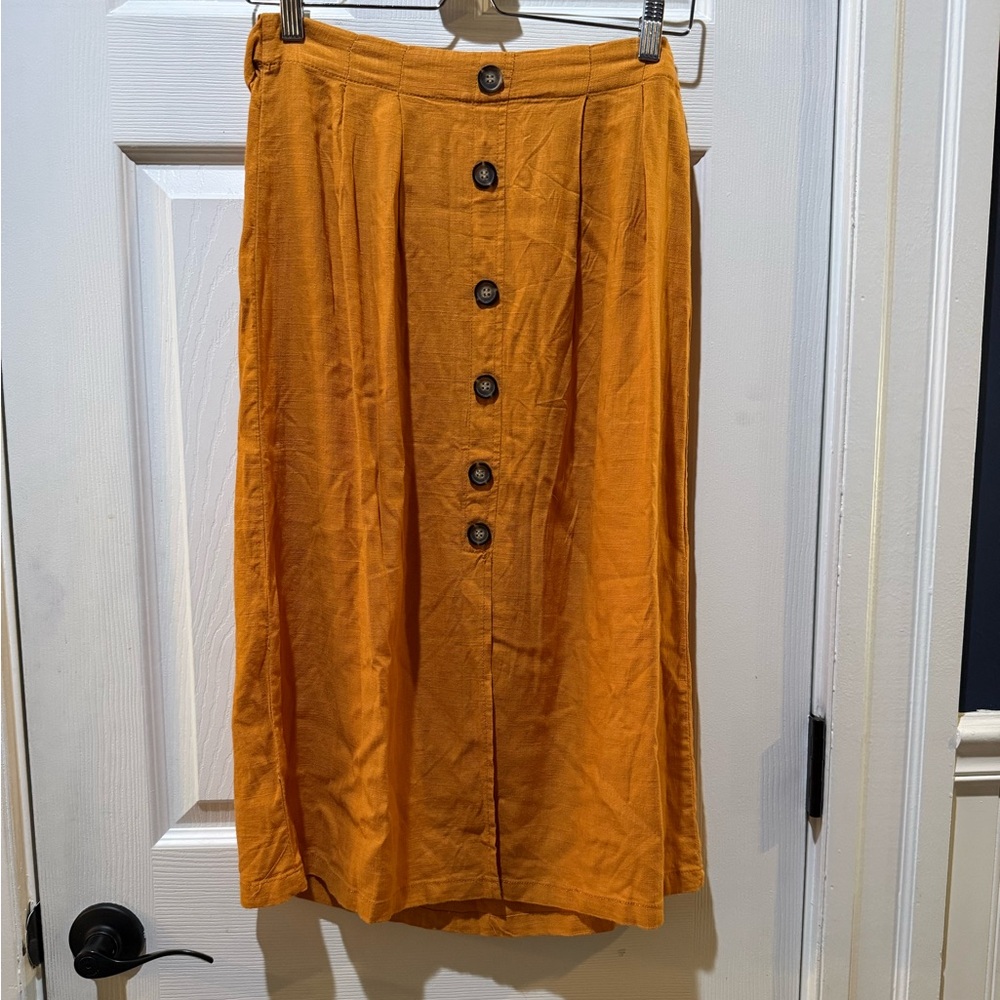 Linen Button-Front Mustard A-LineMidi Skirt Medium